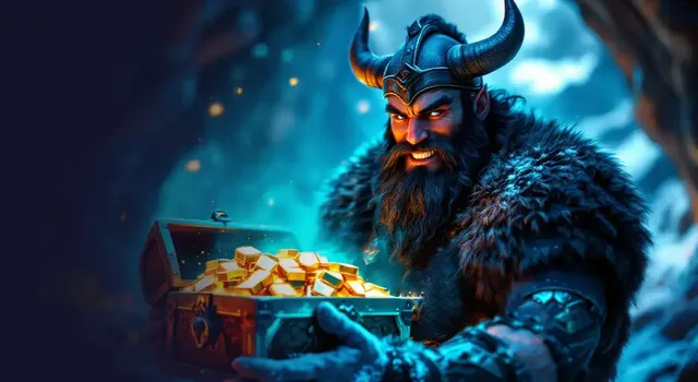 Axe Casino banking artwork with a Viking holding a chest of gold coins